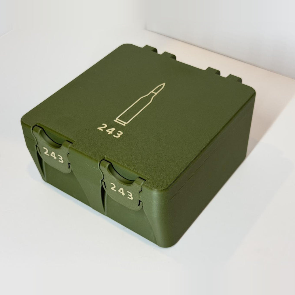 243 Winchester ammo box, 100 round BoxLoc case
